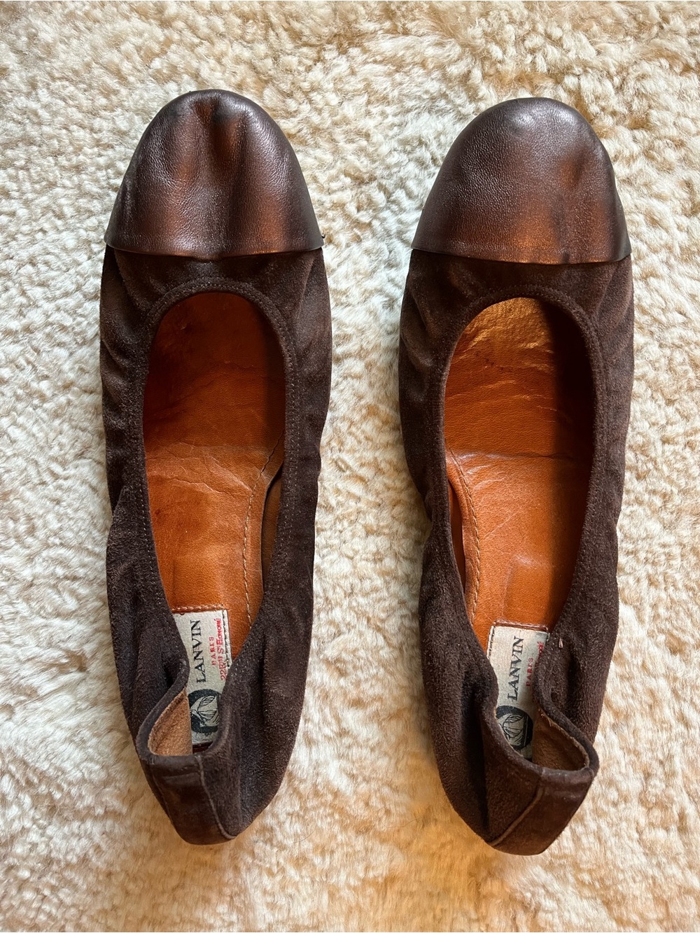 Lanvin Dark Brown Suede Ballet Flats with Leather Cap Toe